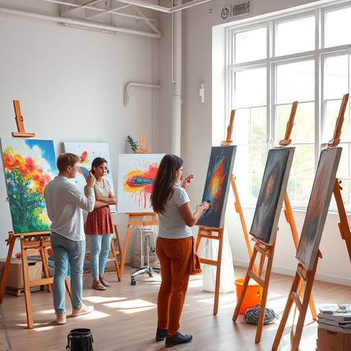 Des étudiants en train de peindre dans un atelier lumineux, avec des chevalets et des toiles colorées.