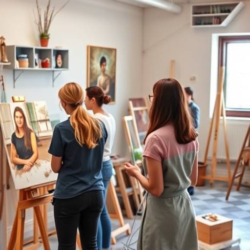 Des étudiants en train de peindre des natures mortes dans un atelier lumineux, encadrés par un professeur attentif.