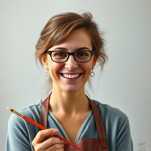 Portrait d'Isabelle Dubois, professeure de peinture, souriant avec un pinceau à la main.