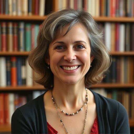 Portrait de Claire Rousseau, professeure d'histoire de l'art, souriant devant une bibliothèque remplie de livres d'art.