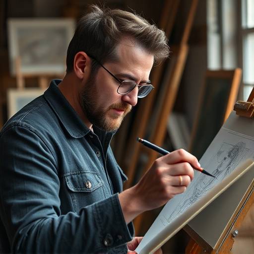 Portrait de Julien Moreau, professeur de dessin, esquissant un croquis dans son atelier.