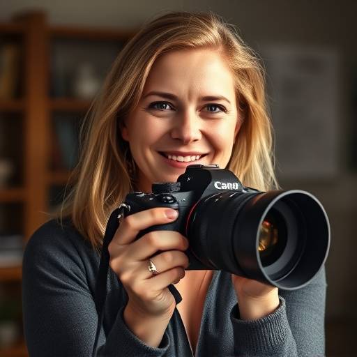 Portrait de Sophie Martin, professeure de photographie, tenant un appareil photo professionnel.