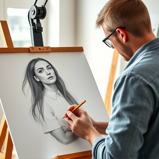 Un artiste esquissant un portrait au crayon sur papier dans un studio de dessin bien éclairé.