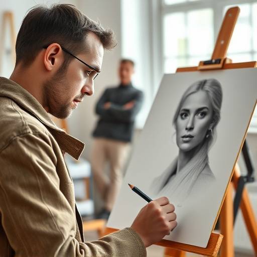 Un artiste talentueux dessinant un portrait au crayon sur papier dans un studio de dessin bien éclairé, montrant sa concentration et sa précision.