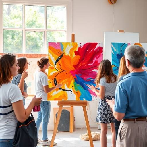 Un atelier de peinture abstraite avec des toiles vibrantes et des participants passionnés.
