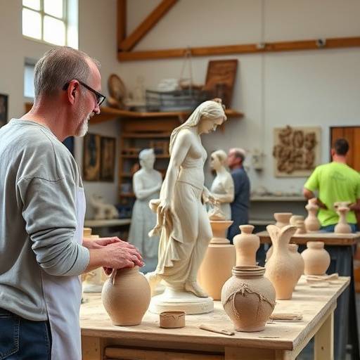 Un atelier de sculpture et de modelage avec des artistes travaillant l'argile et le plâtre.