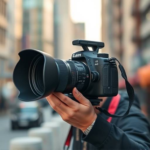 Un photographe professionnel prenant des photos en extérieur avec un appareil photo reflex numérique, avec un arrière-plan urbain flou.