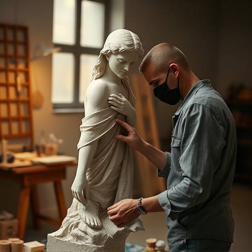 Un sculpteur expert faäonnant une statue d'argile avec ses mains, dans un atelier de sculpture bien équipé.