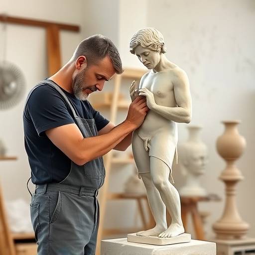 Un sculpteur travaillant sur une statue d'argile dans un atelier de sculpture, avec divers outils à portée de main.